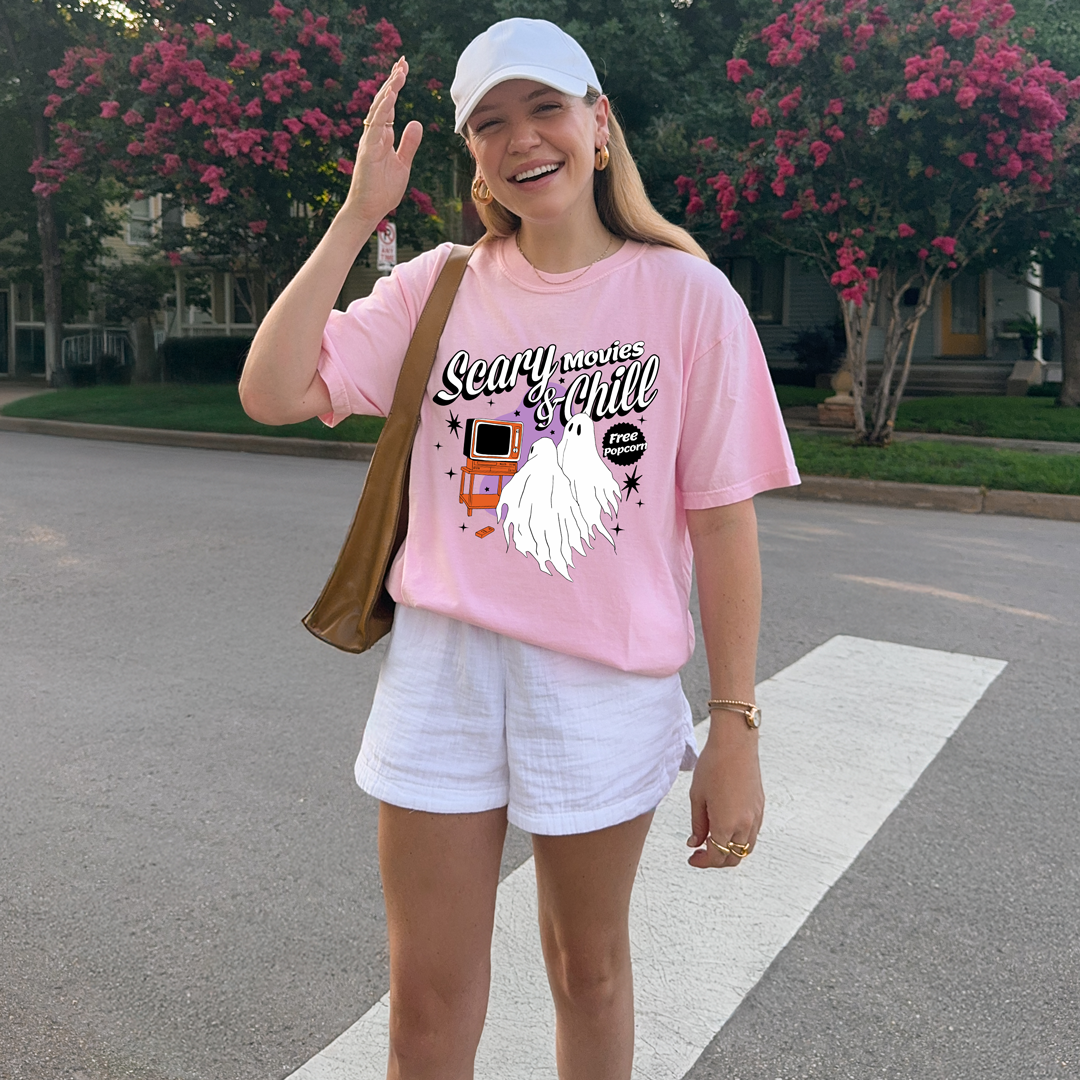 Scary Movies & Chill Tee – Pink Retro Ghost Halloween Tee