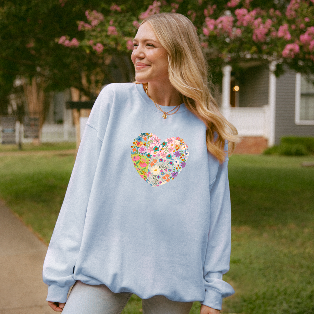 Bloom with Love β Gildan Light Blue Floral Heart Sweatshirt