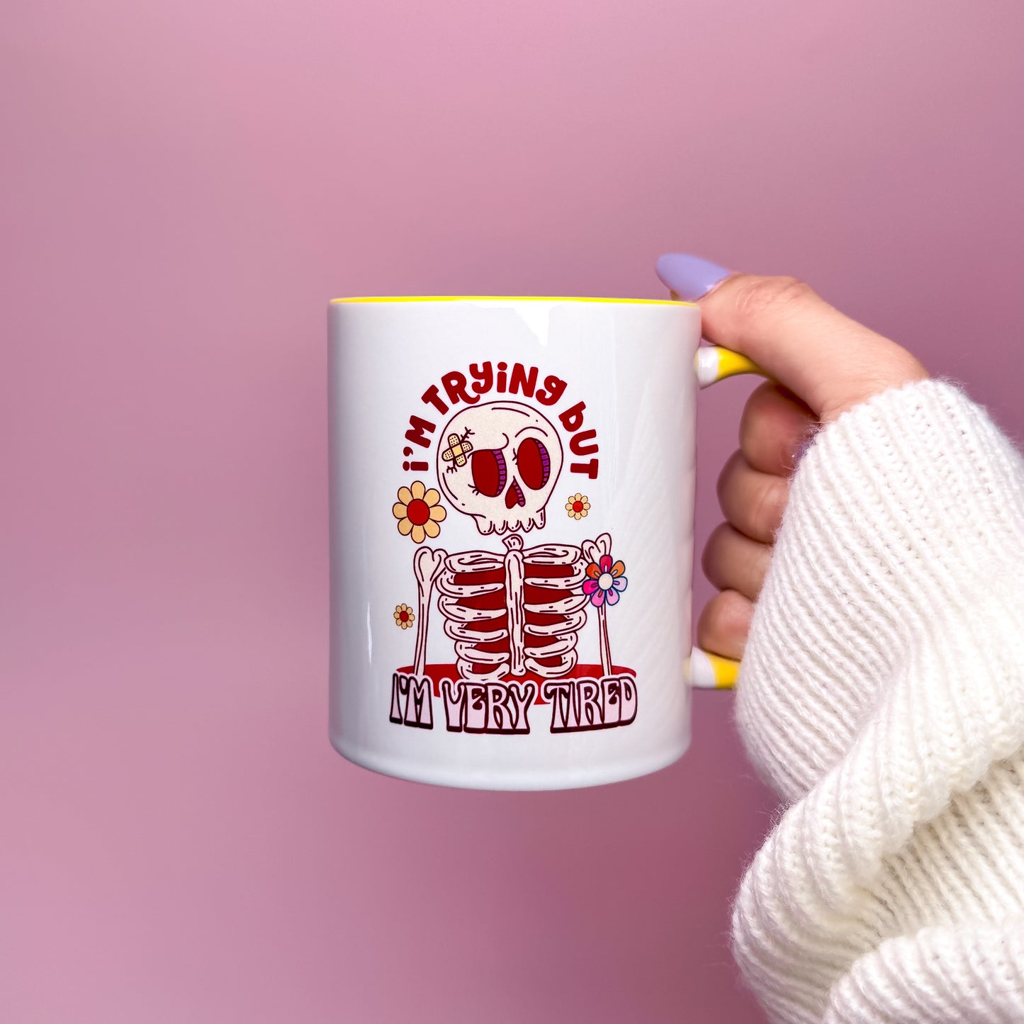 I'm Trying but I'm Very Tired Mug – Cute Skeleton Coffee Cup