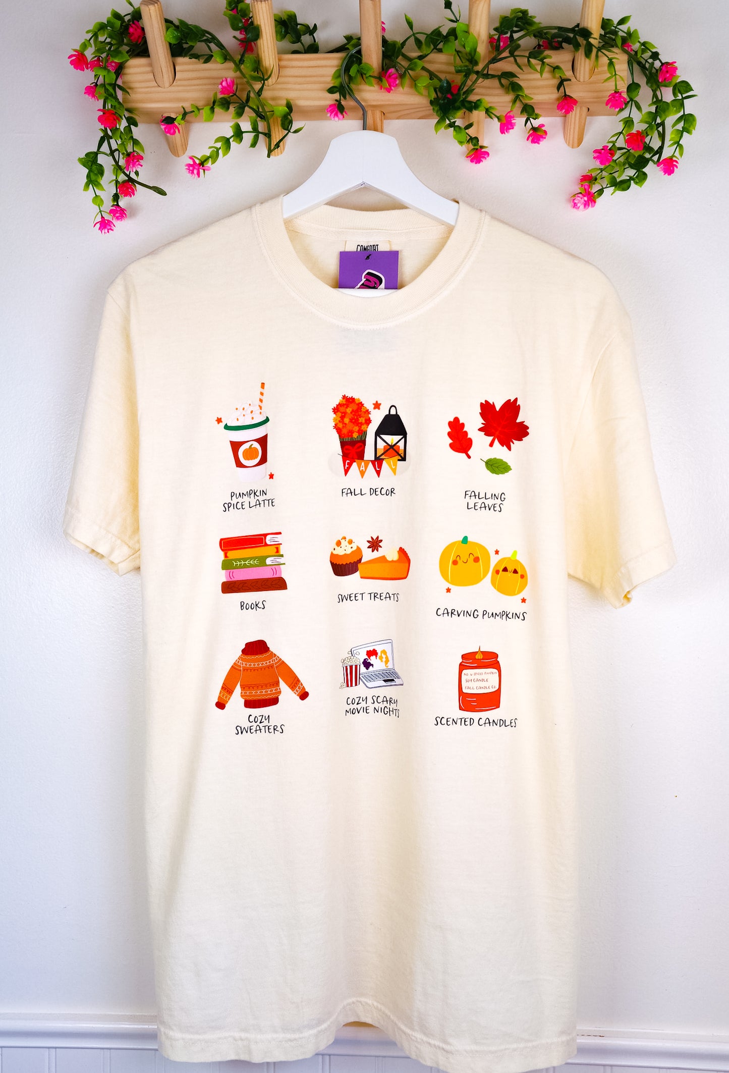 Cozy Fall Favorites T-Shirt – Pumpkin Spice, Candles & Autumn Essentials