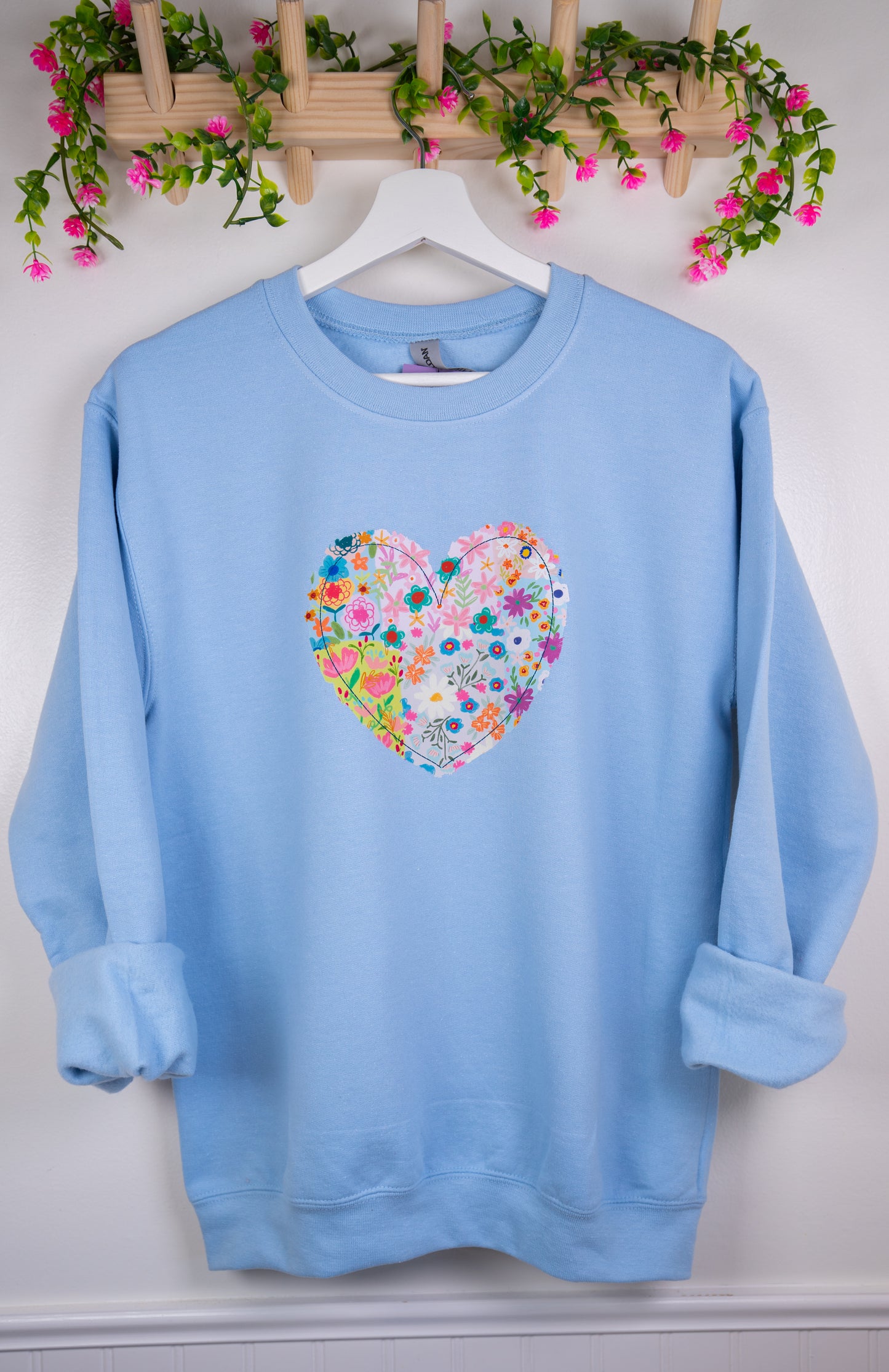 Bloom with Love β Gildan Light Blue Floral Heart Sweatshirt