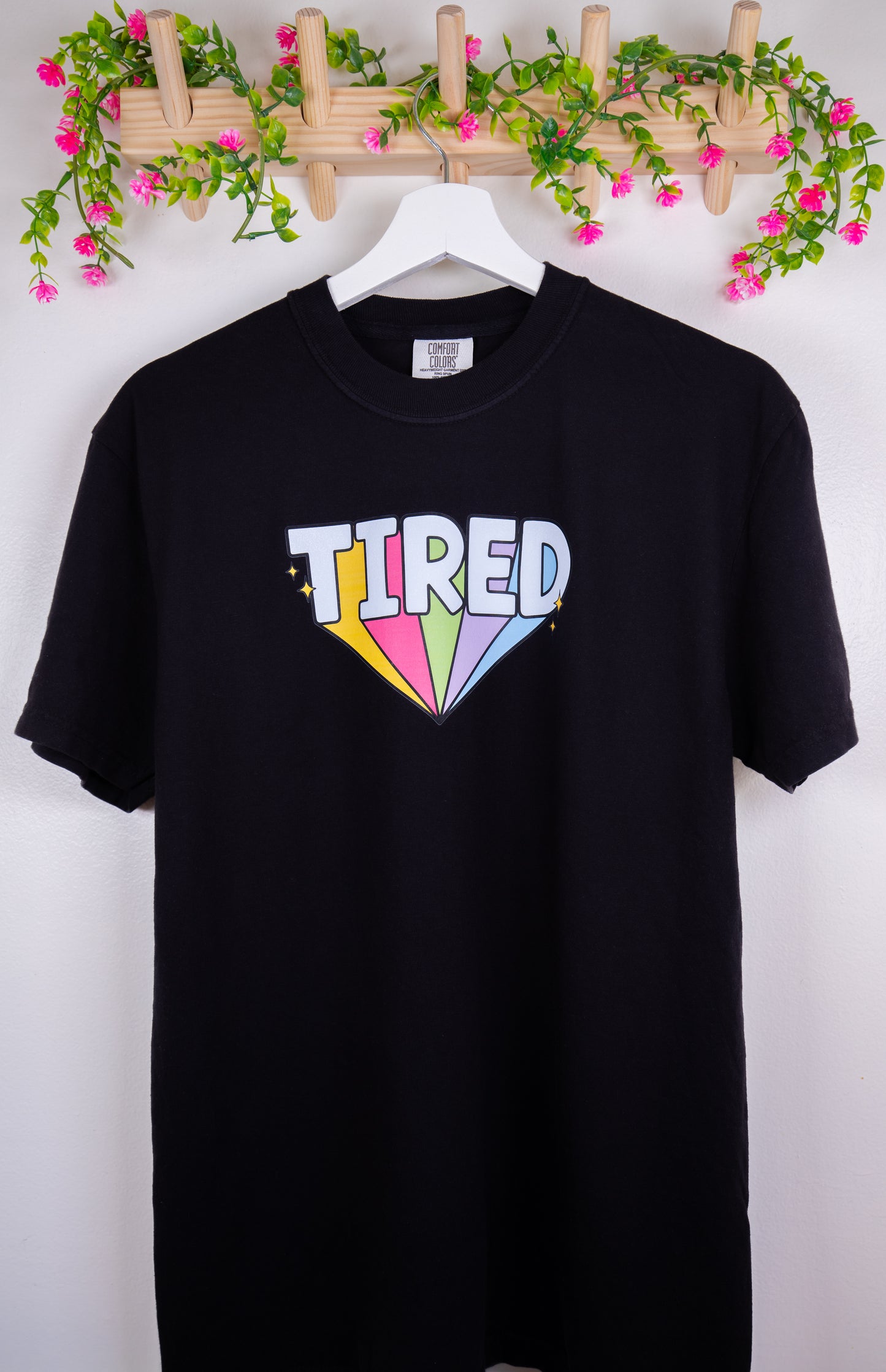 Tired But Cute Tee – Colorful Retro Graphic on Black Shirt