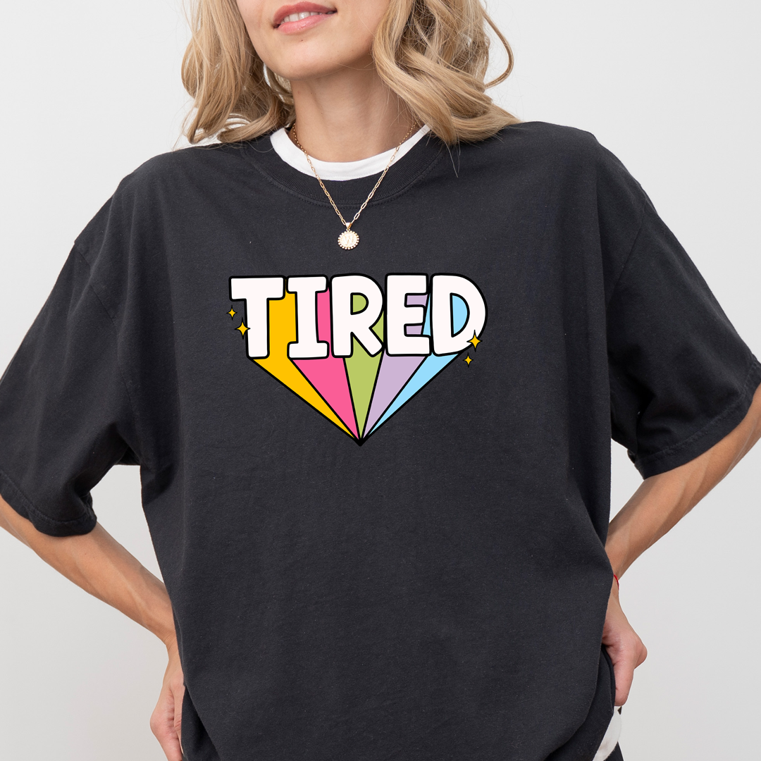 Tired But Cute Tee – Colorful Retro Graphic on Black Shirt