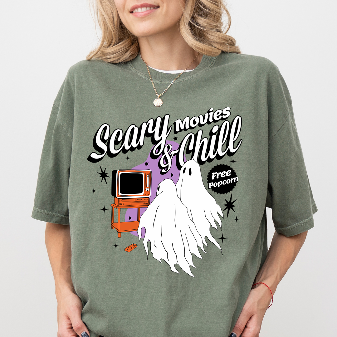 Scary Movies & Chill Tee – Pink Retro Ghost Halloween Tee