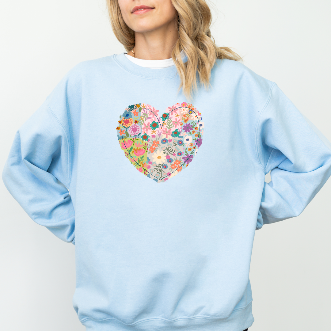 Bloom with Love β Gildan Light Blue Floral Heart Sweatshirt