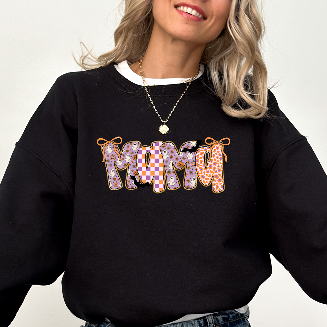 MAMA Fall Aesthetic Sweatshirt – Cozy Checker & Floral Letter Design for Cool Moms