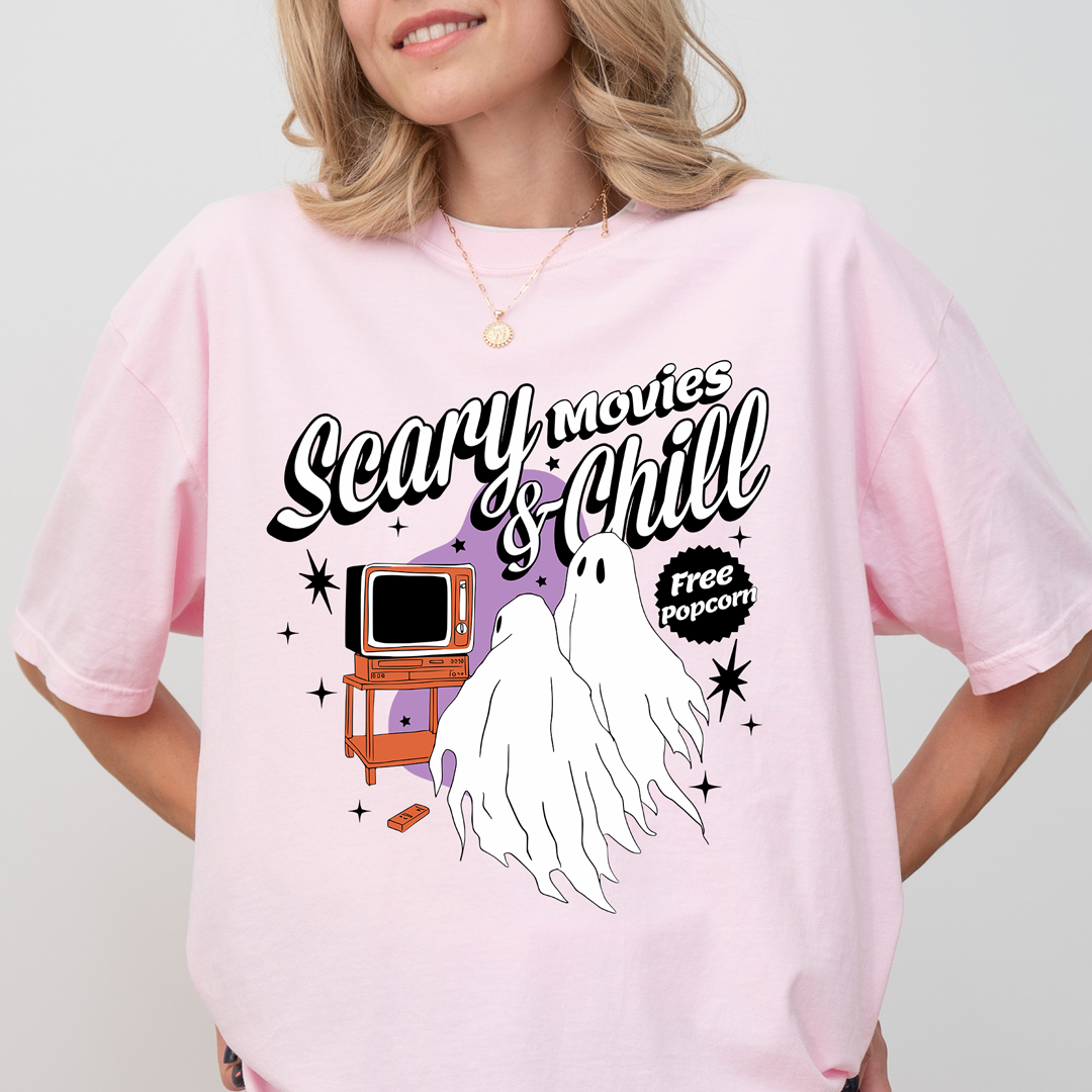 Scary Movies & Chill Tee – Pink Retro Ghost Halloween Tee