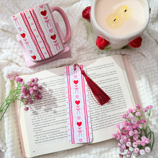 Pink Hearts Mug and Bookmark with Tassel Bundle