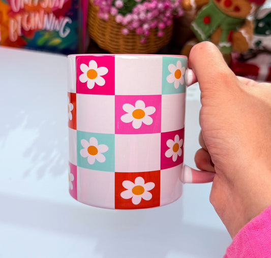 Pastel Checker Daisy Mug – Cute Retro Floral Mug