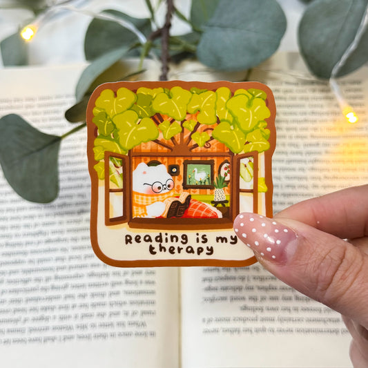 Reading Is My Therapy – Cozy Window Scene Sticker