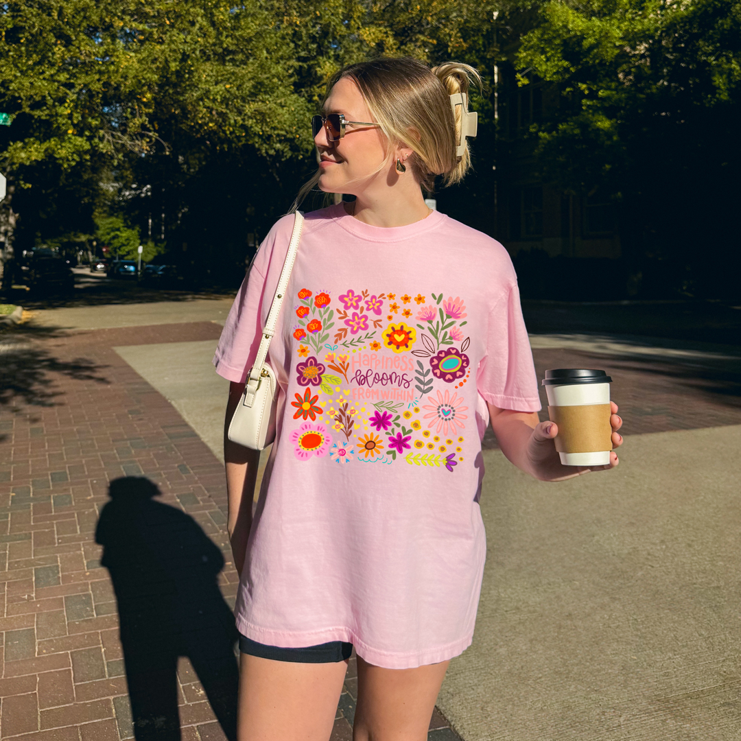 Happiness Blooms From Within – Cream Floral Positive Tee