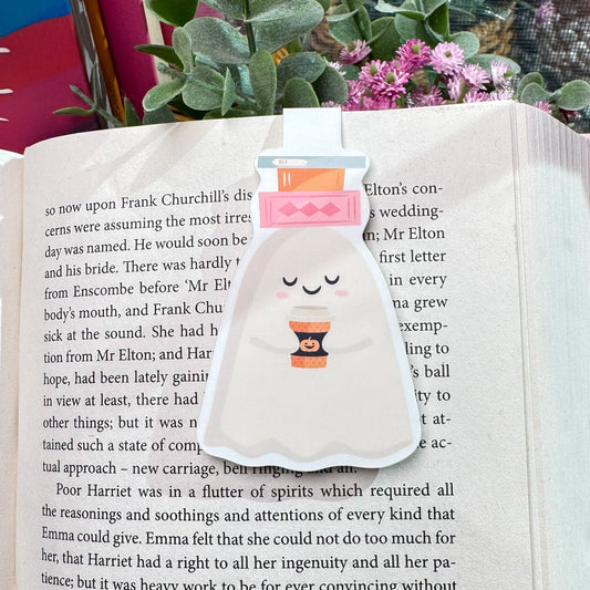 Pumpkin Spice Ghost Magnetic Bookmark – Cozy Fall Coffee