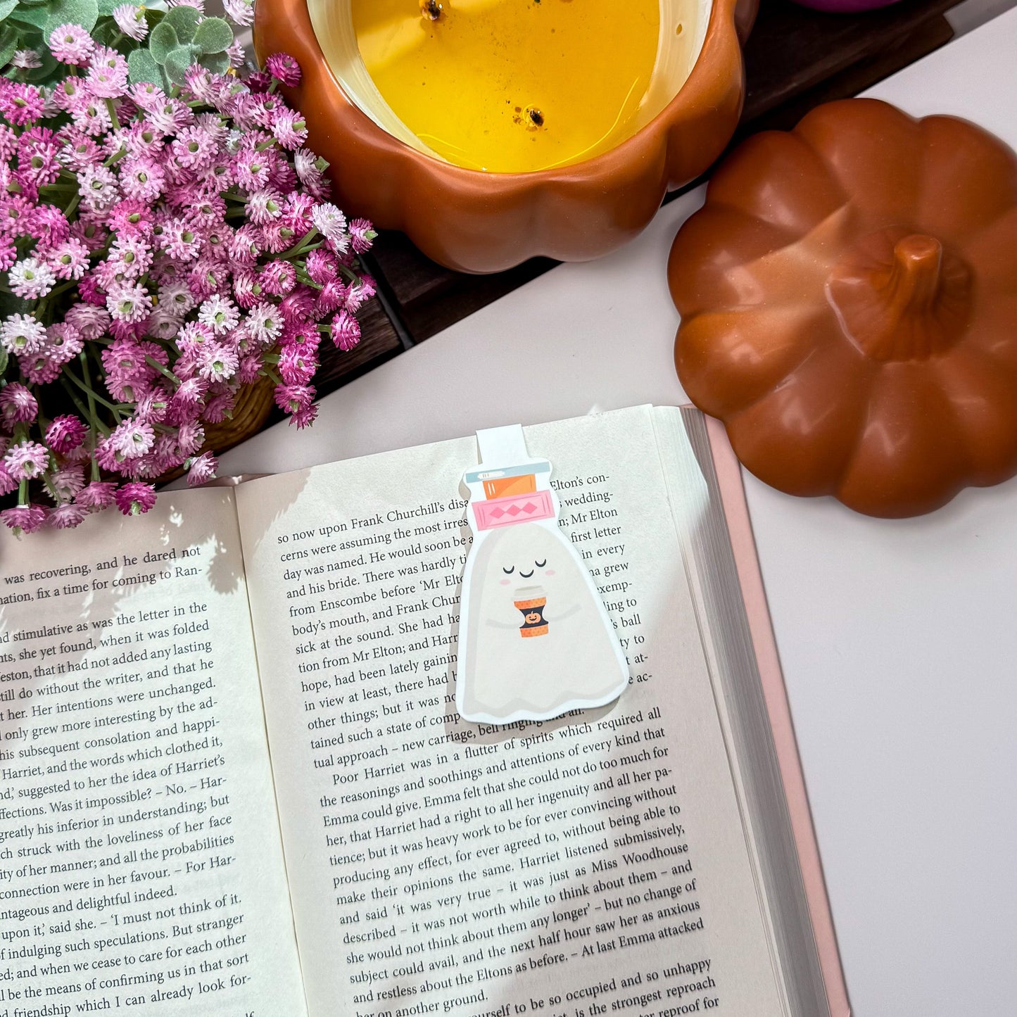 Pumpkin Spice Ghost Magnetic Bookmark – Cozy Fall Coffee
