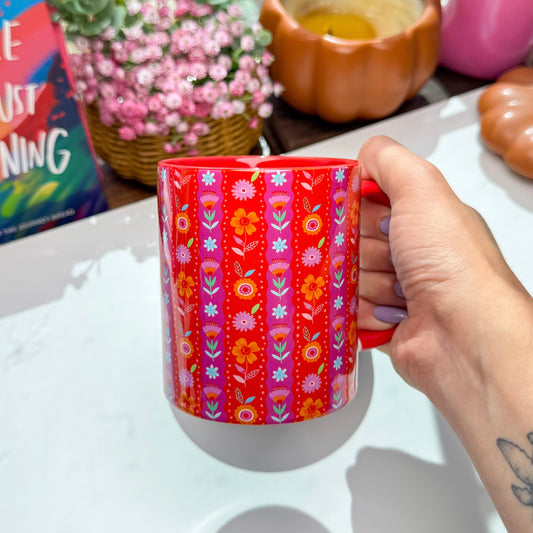 Bright Red Floral Mug – Colorful Flower Coffee