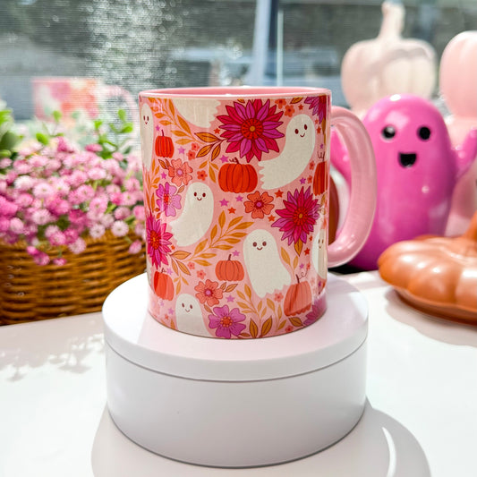 Cute Halloween Ghost Mug – Pink Pumpkin Floral