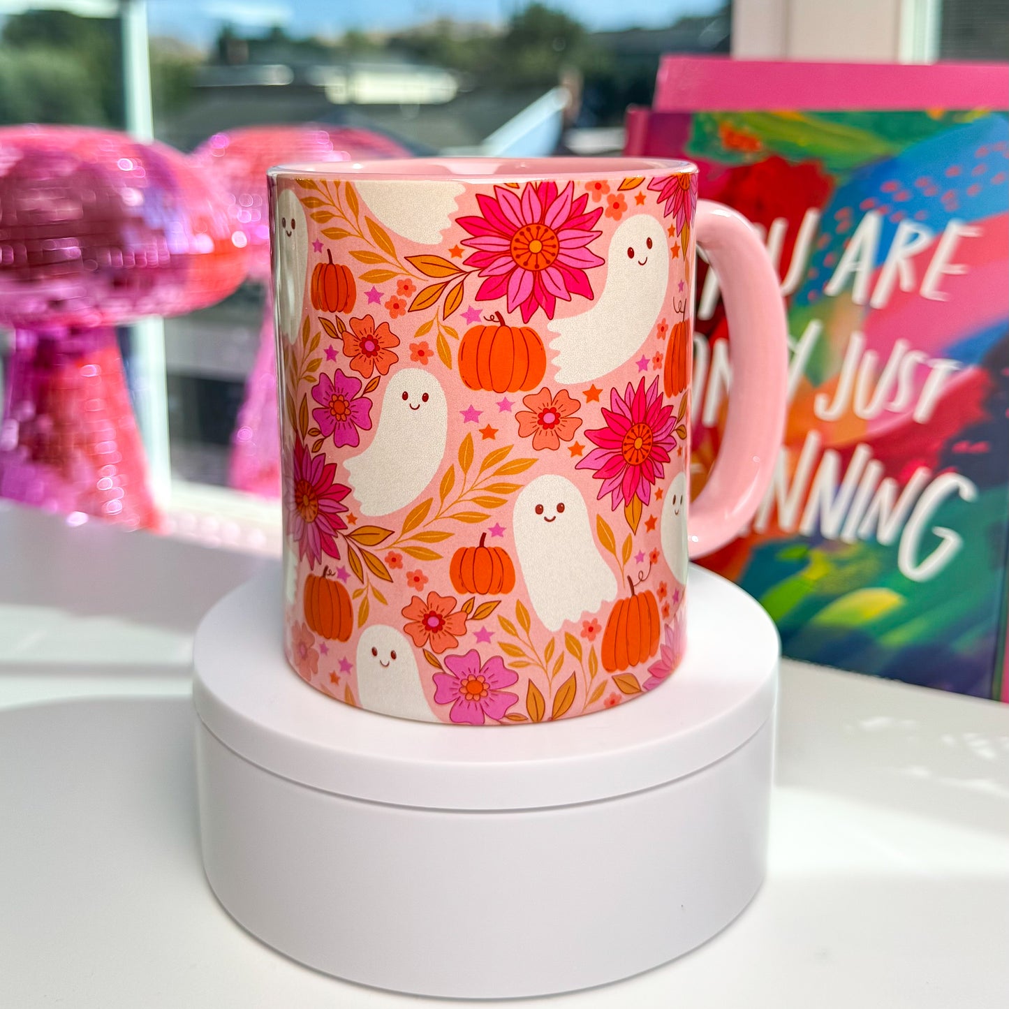 Cute Halloween Ghost Mug – Pink Pumpkin Floral