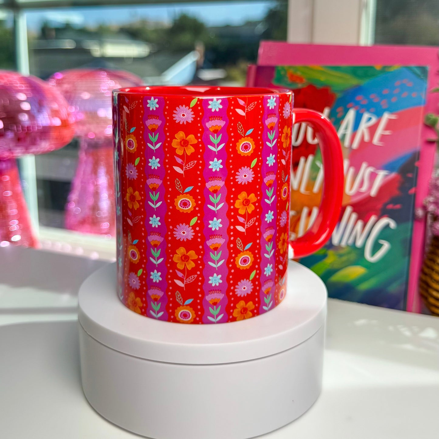 Bright Red Floral Mug – Colorful Flower Coffee