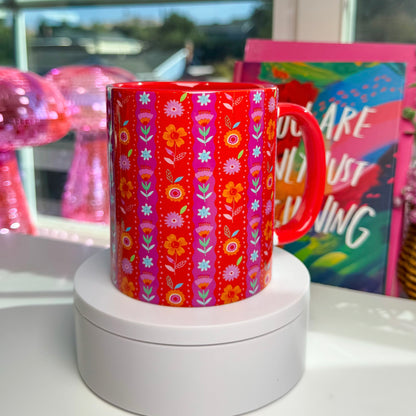 Bright Red Floral Mug – Colorful Flower Coffee