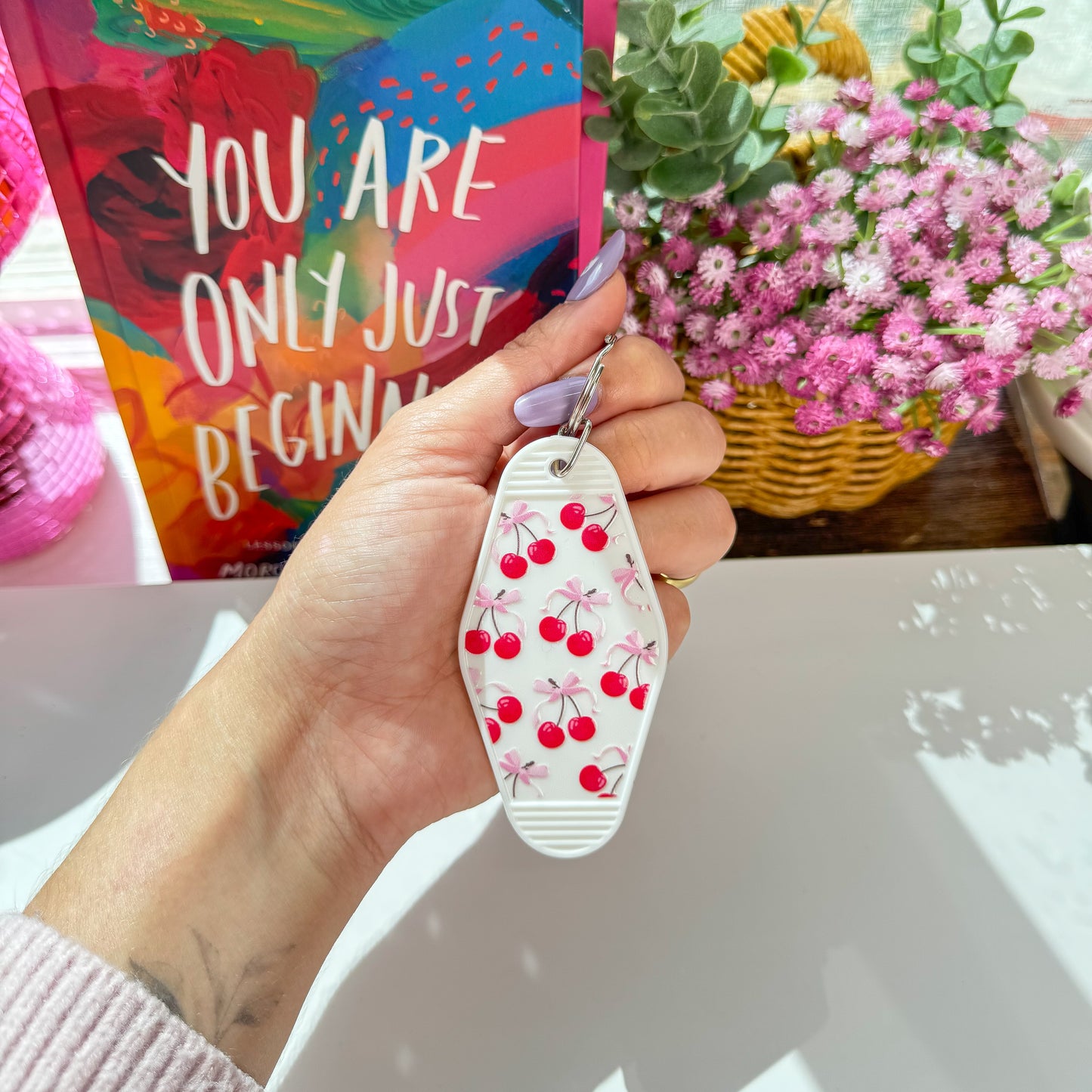 Cute Acrylic Motel Keychain –Cherry & Bows