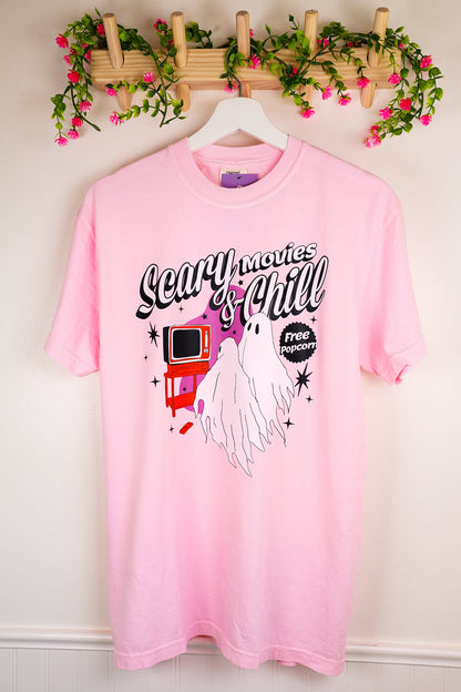 Scary Movies & Chill Tee – Pink Retro Ghost Halloween Tee