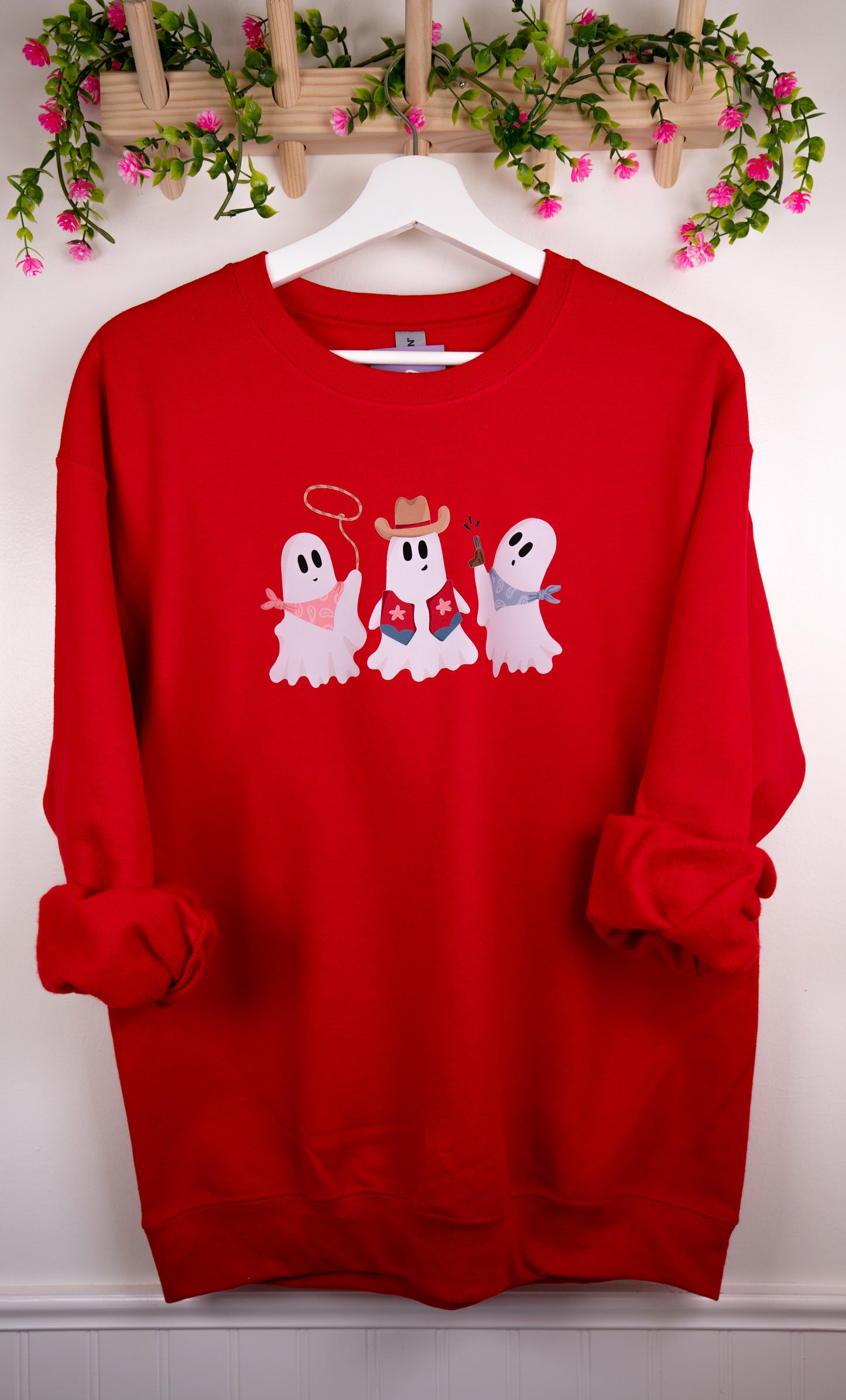 Yeehaw & Boo! – Gildan Red Ghost Cowboy Sweatshirt