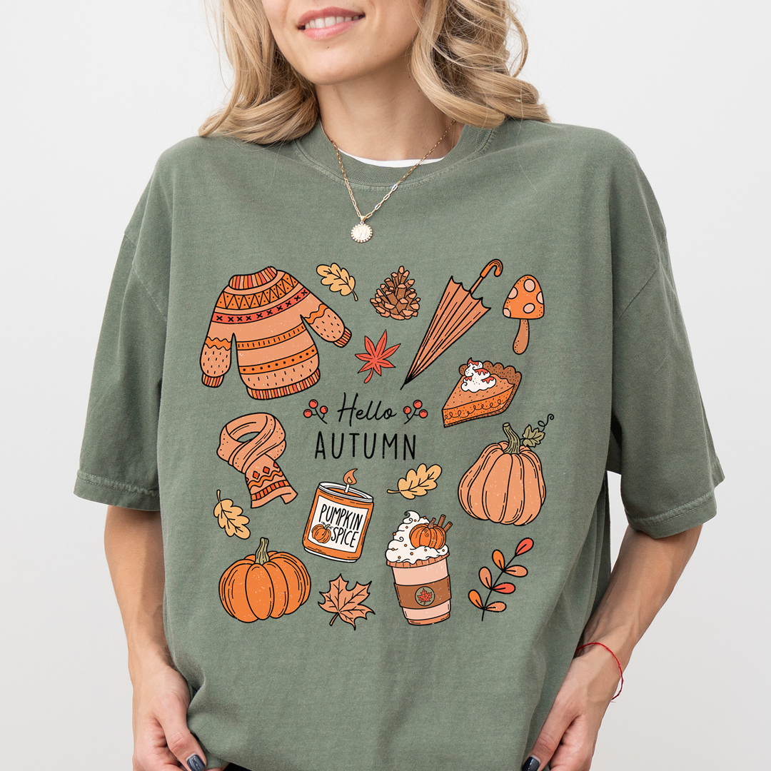 Hello Autumn Tee – Cozy Fall Aesthetic T-Shirt with Pumpkin Spice & Fall Icons