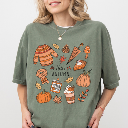Hello Autumn Tee – Cozy Fall Aesthetic T-Shirt with Pumpkin Spice & Fall Icons