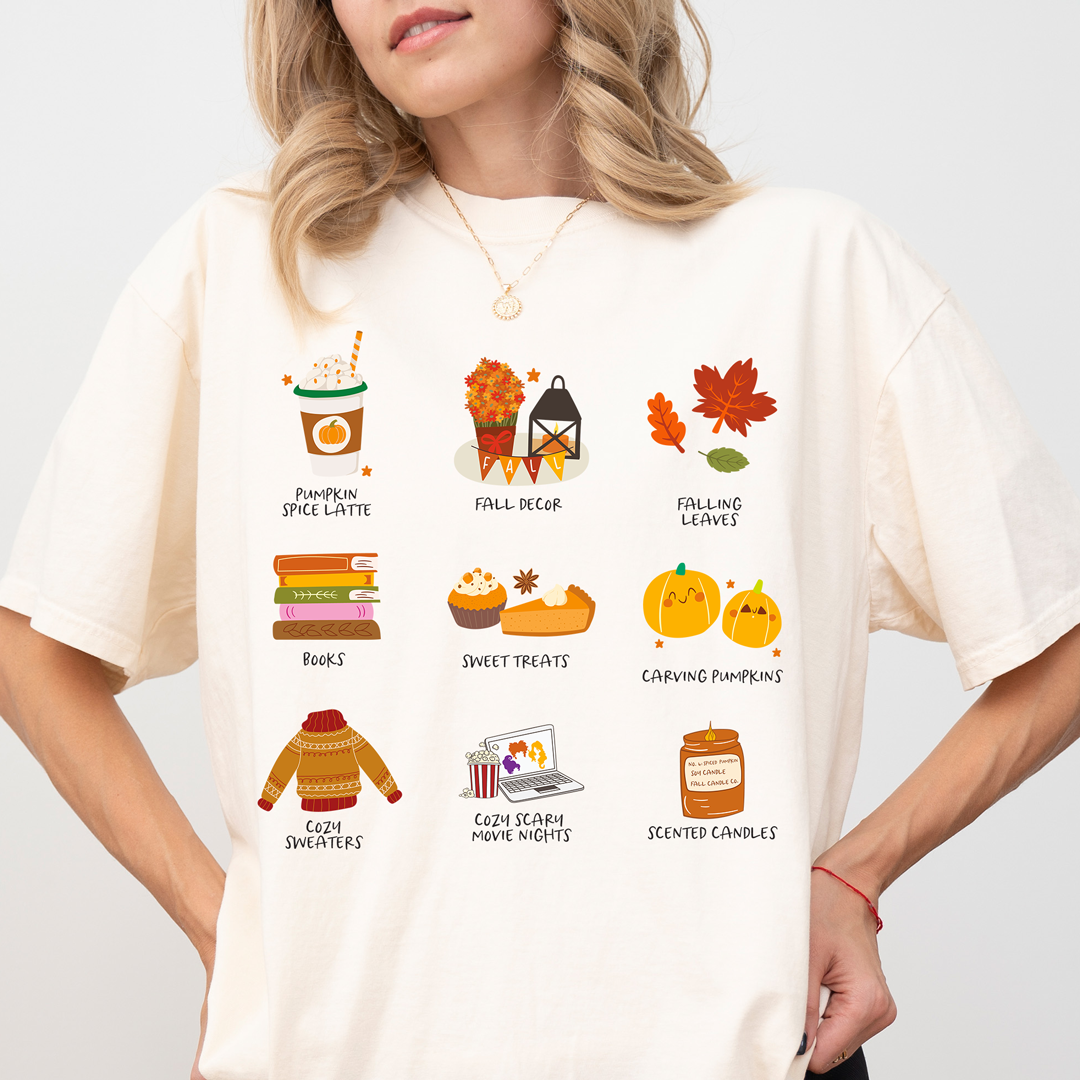 Cozy Fall Favorites T-Shirt – Pumpkin Spice, Candles & Autumn Essentials