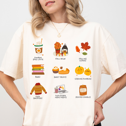 Cozy Fall Favorites T-Shirt – Pumpkin Spice, Candles & Autumn Essentials