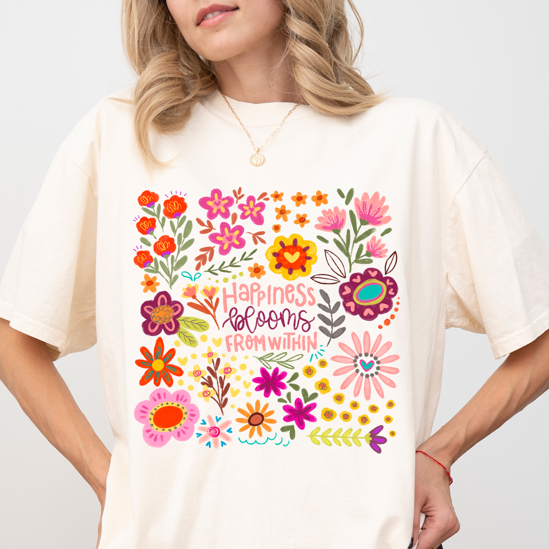 Happiness Blooms From Within – Cream Floral Positive Tee
