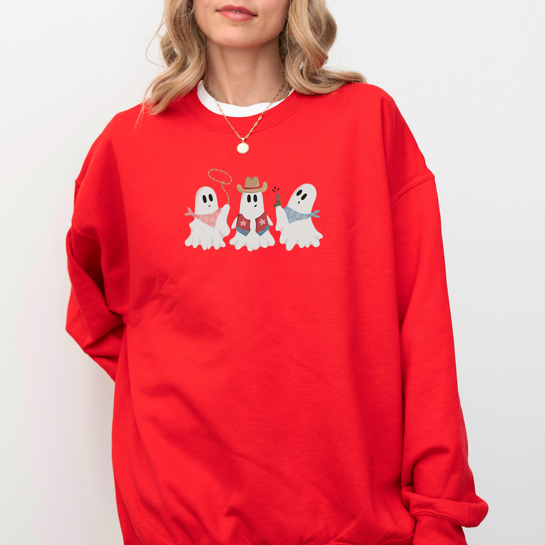 Yeehaw & Boo! – Gildan Red Ghost Cowboy Sweatshirt