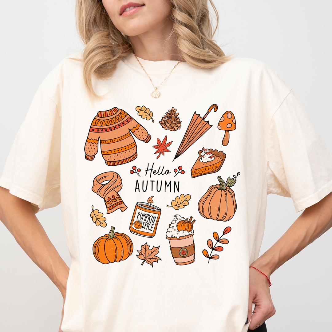 Hello Autumn Tee – Cozy Fall Aesthetic T-Shirt with Pumpkin Spice & Fall Icons