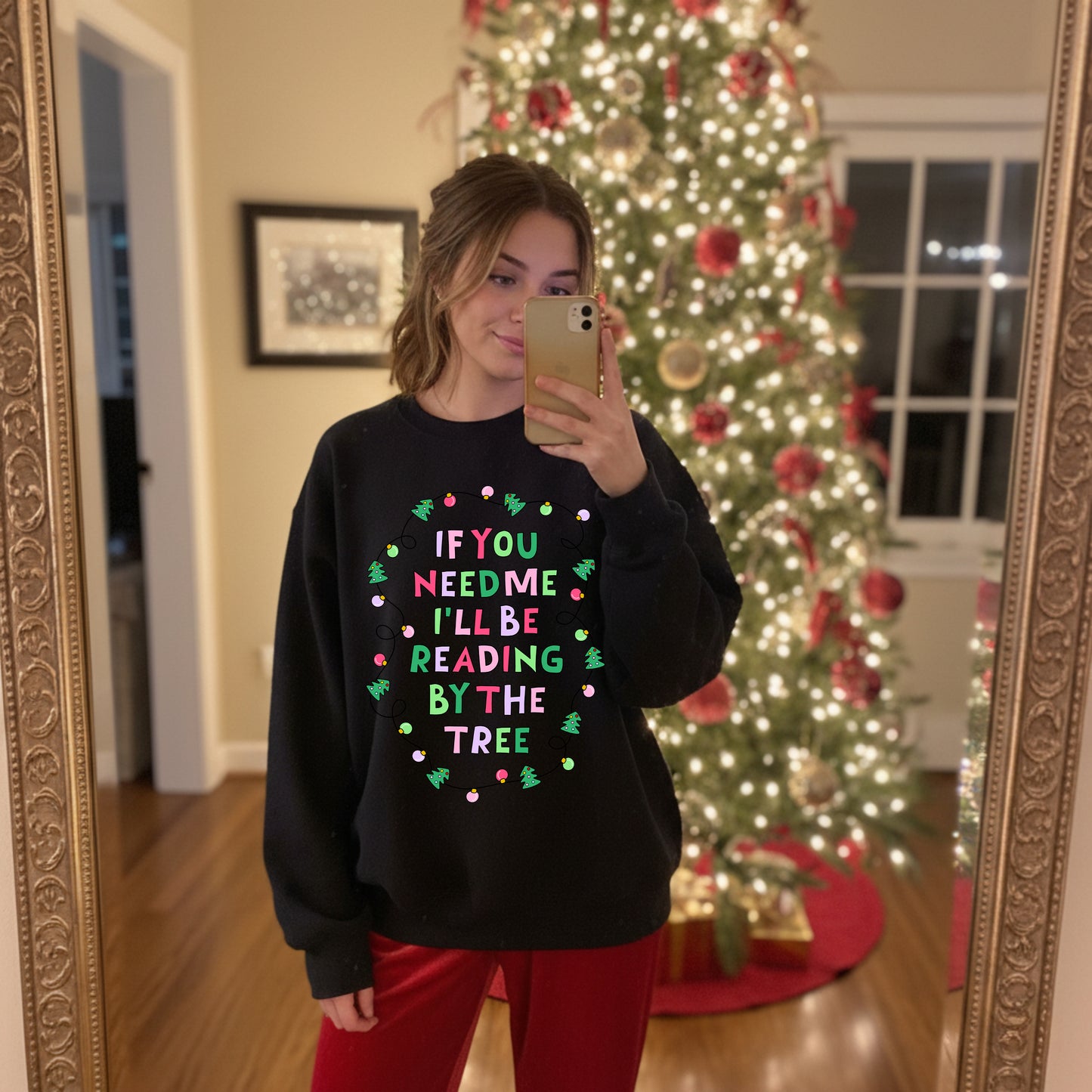 Reading by the Tree Christmas Sweater