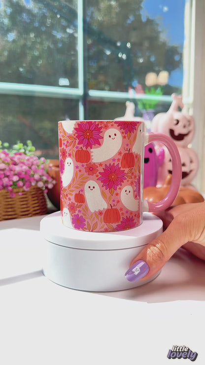 Cute Halloween Ghost Mug – Pink Pumpkin Floral